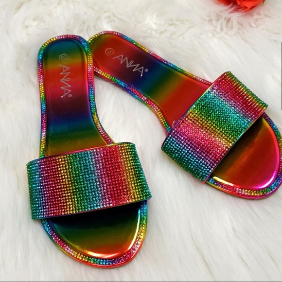 Anna Shoes - Anna Rainbow Rhinestone Sandals Flip Flops 6.5